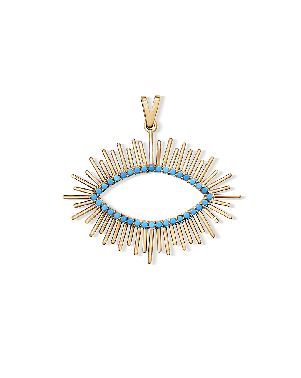 Gold pendant with turquoise stones on a white background
